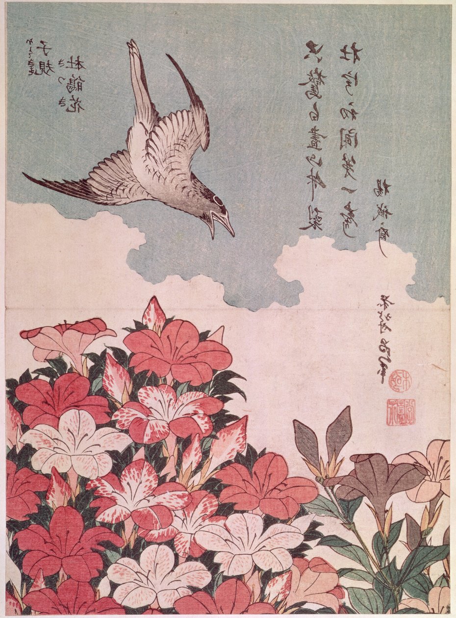 Asalea og gjøk, utgitt av Eijudo, ca. 1830 (farget treblokktrykk) av Katsushika Hokusai