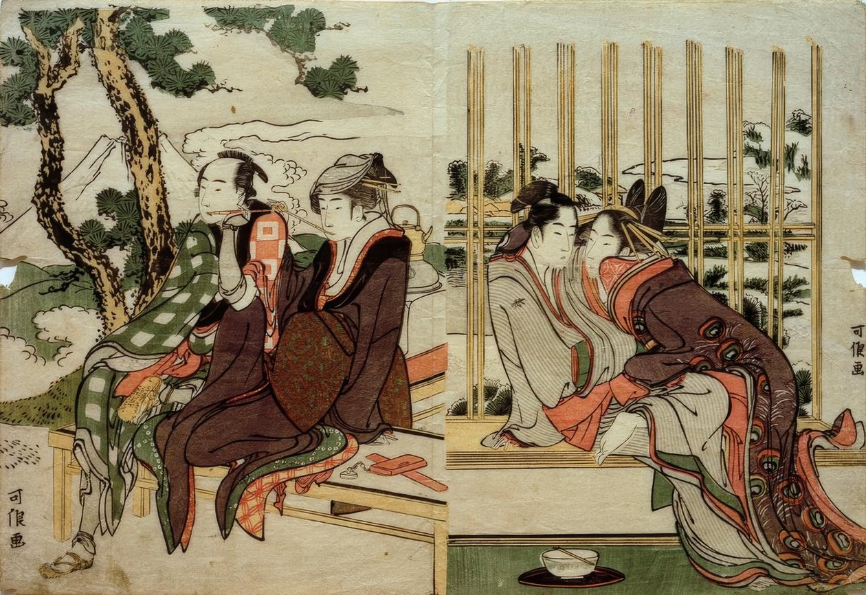 Azuma og Yogoro i den gamle snøen. Koman og Yosaku i solnedgangen av Katsushika Hokusai