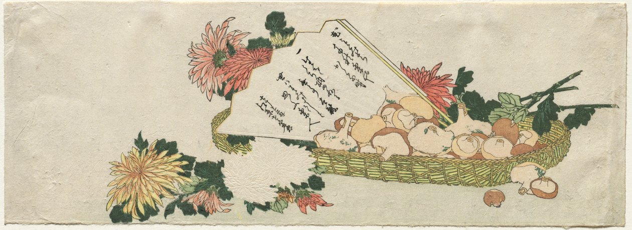 Kurv med vifte, krysantemum og sopp av Katsushika Hokusai