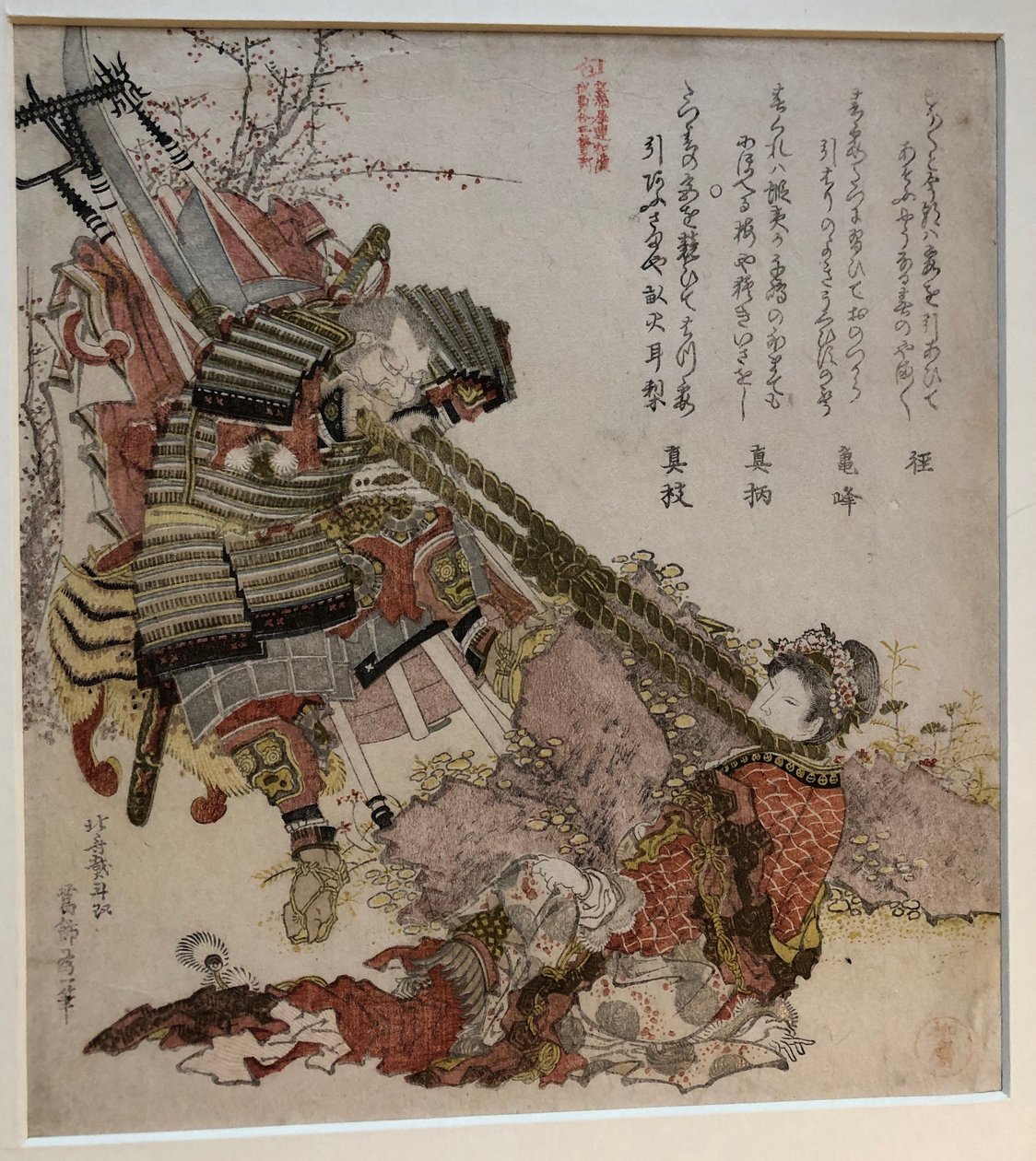 Benkei og en kinesisk kvinne i et tau-trekk av Katsushika Hokusai