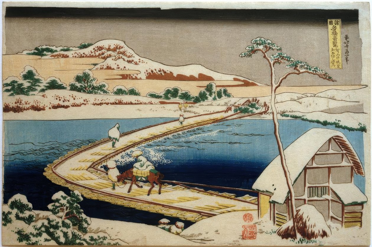 Utsikt over den tidligere båtbroen nær Sano i provinsen Kôzuke av Katsushika Hokusai