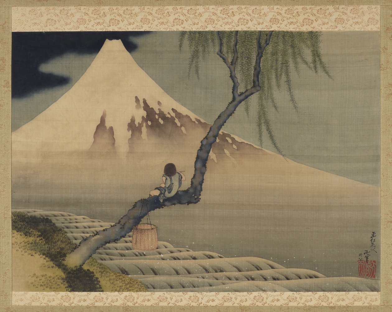Gutt som ser på Fuji-fjellet, 1839 (blekk og farge på silke) av Katsushika Hokusai