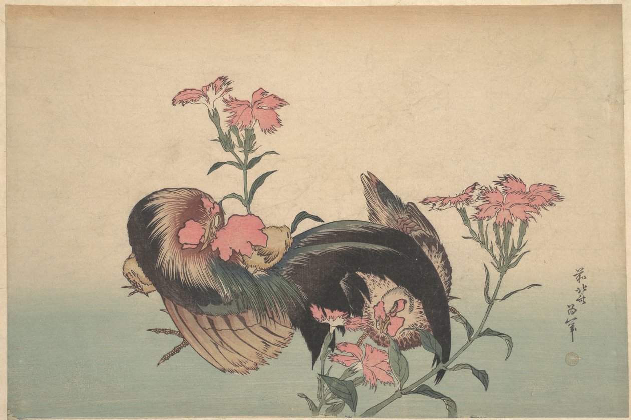Hane, høne og Nadeshiko (Dianthus superbus) av Katsushika Hokusai