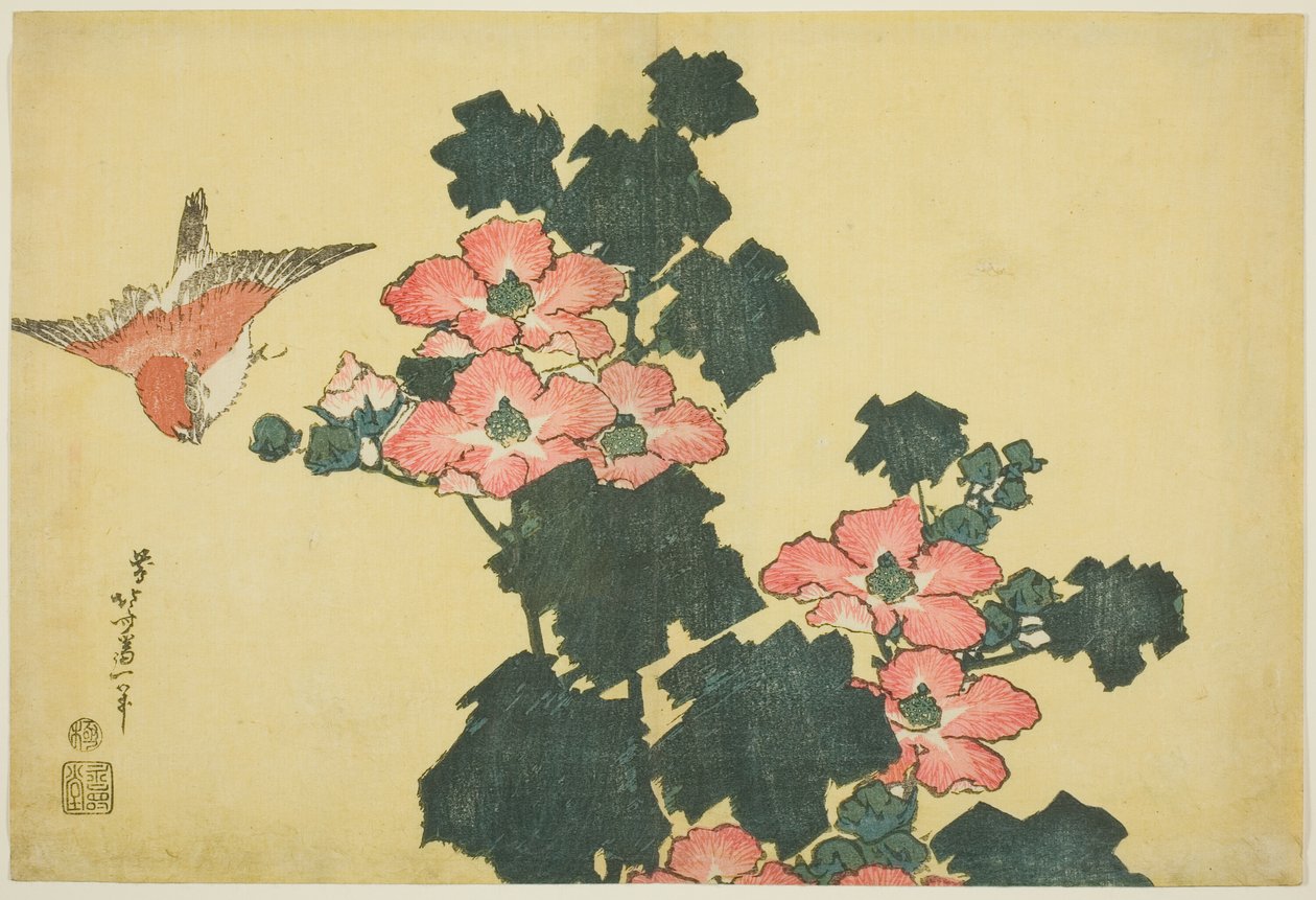 Bomullsroser og spurv, fra en serie med store blomster uten tittel av Katsushika Hokusai
