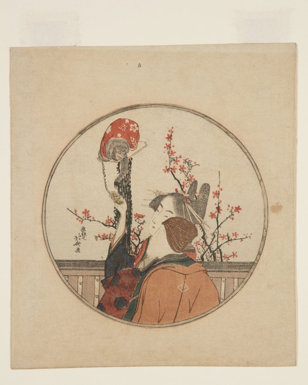 Kurtisan, gjest og kjæledyrape (farget treblokktrykk) av Katsushika Hokusai