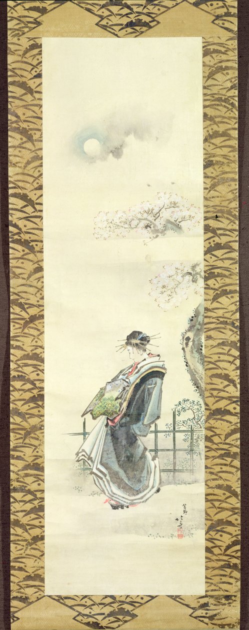 Courtesan ut på tur (penn og blekk med vask på papir) av Katsushika Hokusai