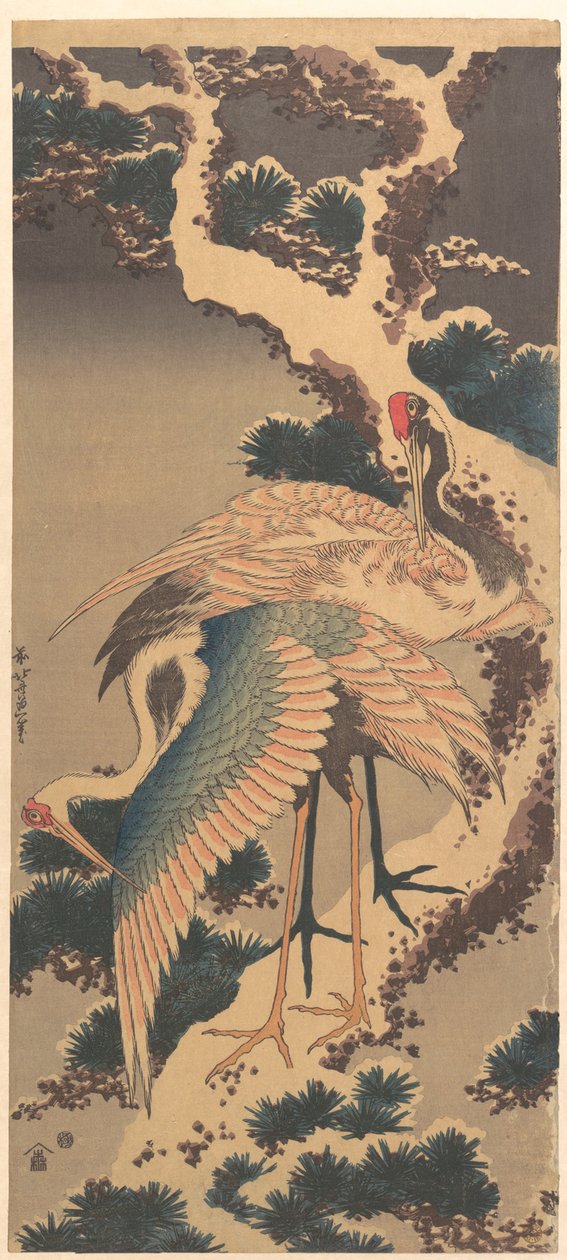 Kraner på en gren av en snødekt furu av Katsushika Hokusai