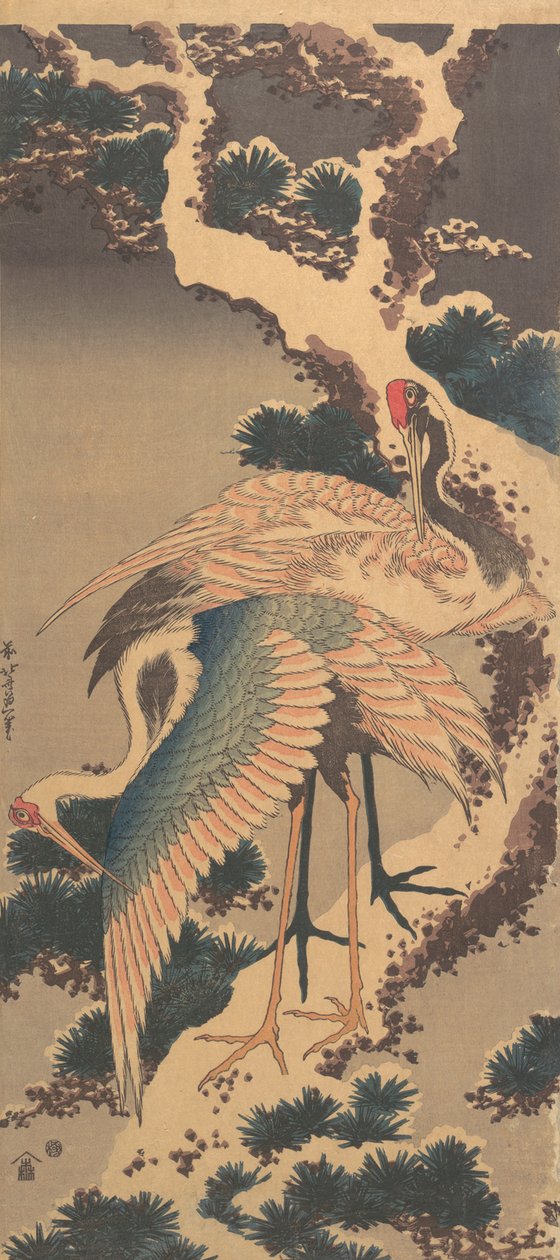 Traner på gren av snødekt furu, slutten av 1820-årene. av Katsushika Hokusai