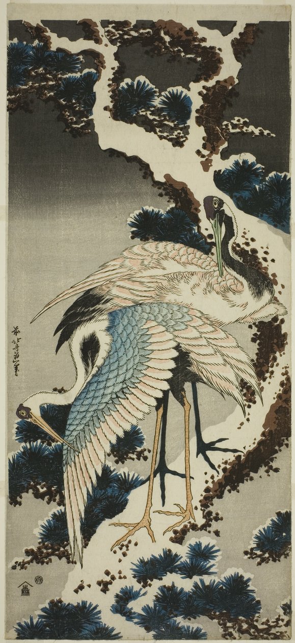 Traner på snødekt furu av Katsushika Hokusai