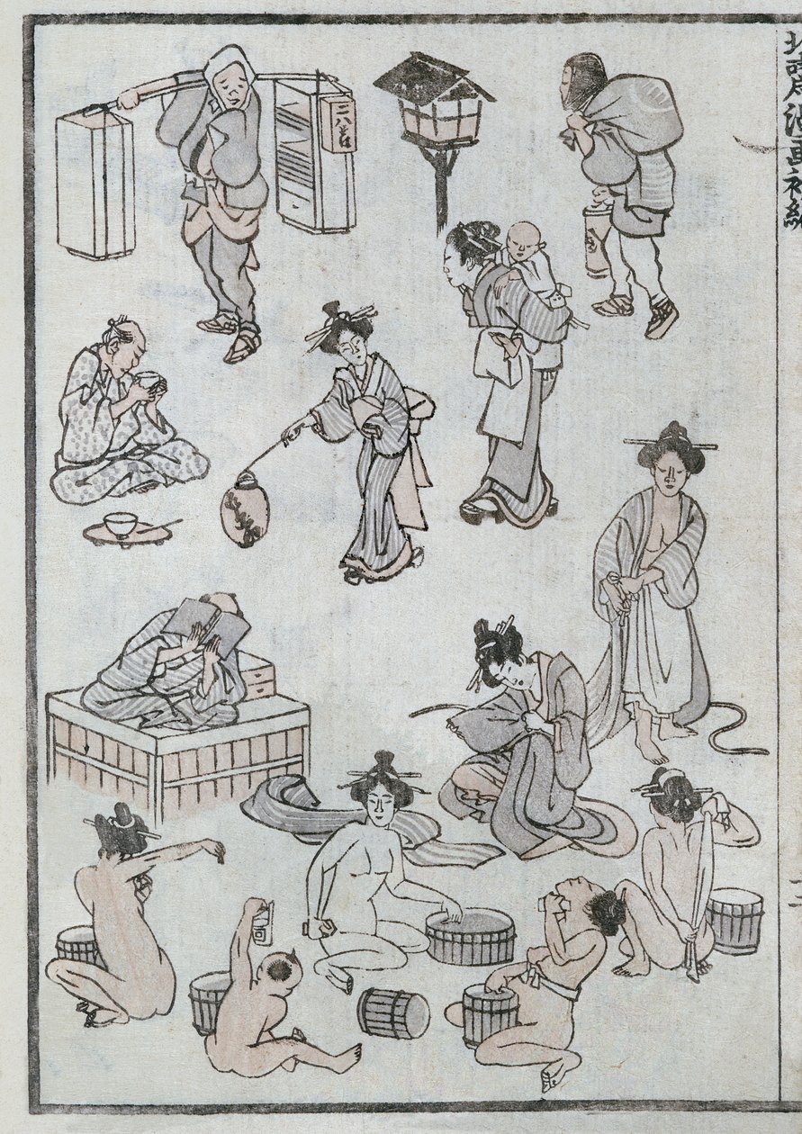Daglige livsbevegelser, fra en Manga (farget treblokktrykk) av Katsushika Hokusai
