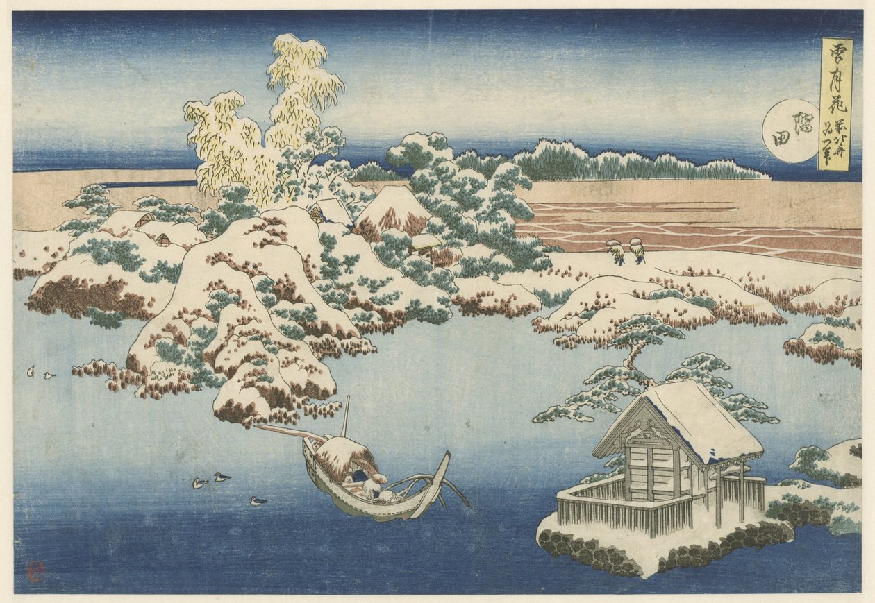 Sumida-elven i snø Sumida (tittel på objekt) Snow, Moon and Flowers (serietittel) Setsugekka (serietittel på objekt) av Katsushika Hokusai
