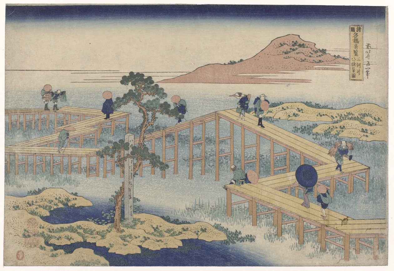 Sikksakkbroen i Mikawa provinsen Mikawa no yatsuhashi no kozu (tittel på objekt) Utsikt over berømte broer i provinsene (serietittel) Shokoku Meikyo Kiran (tittel på objekt) av Katsushika Hokusai
