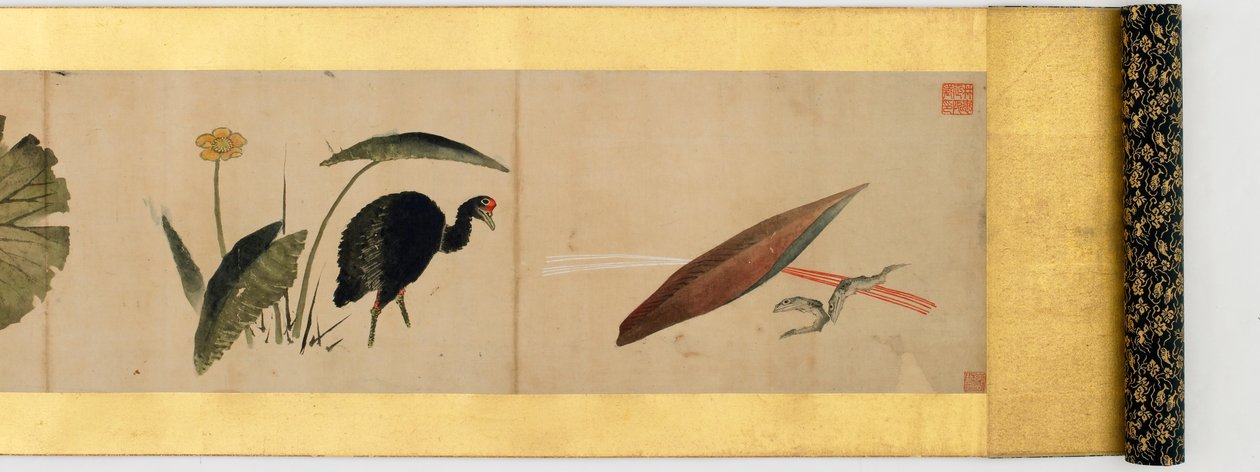 Detalj av Handscroll med diverse bilder, Edo Period, 1839 blekk og farger på papir av Katsushika Hokusai