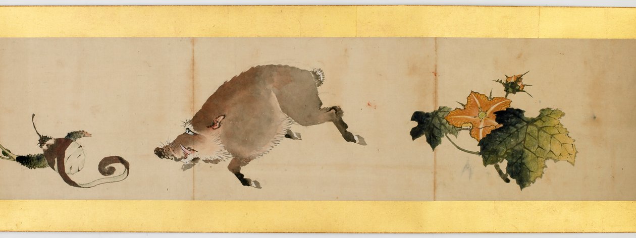Detalj av Handscroll med diverse bilder, Edo Period, 1839 blekk og farger på papir av Katsushika Hokusai