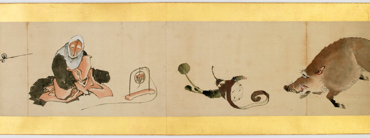 Detalj av Handscroll med diverse bilder, Edo Period, 1839 blekk og farger på papir av Katsushika Hokusai