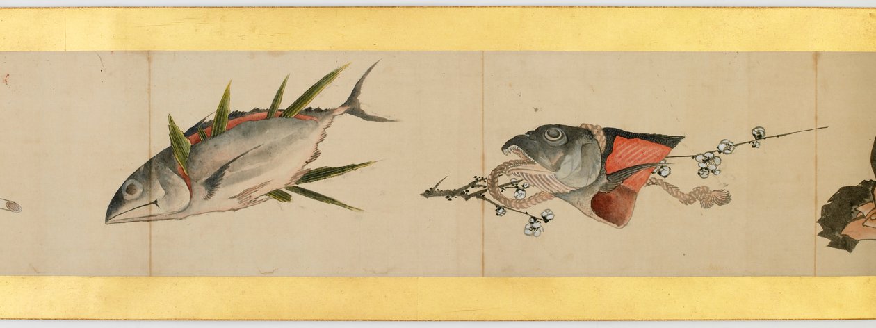 Detalj av Handscroll med diverse bilder, Edo Period, 1839 blekk og farger på papir av Katsushika Hokusai