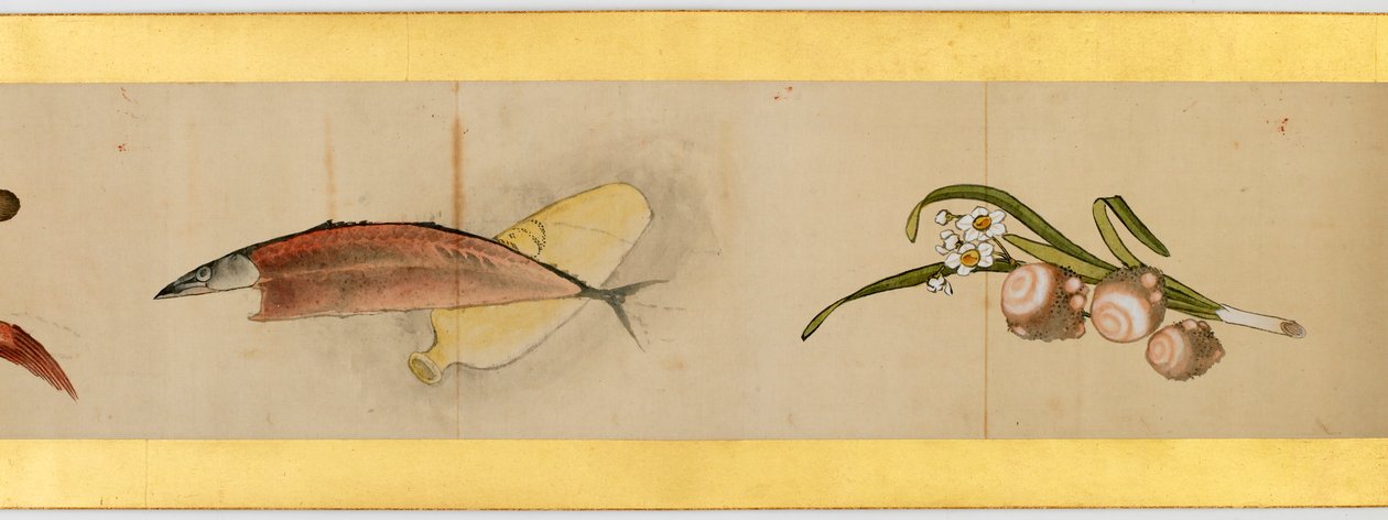 Detalj av Handscroll med diverse bilder, Edo Period, 1839 blekk og farger på papir av Katsushika Hokusai