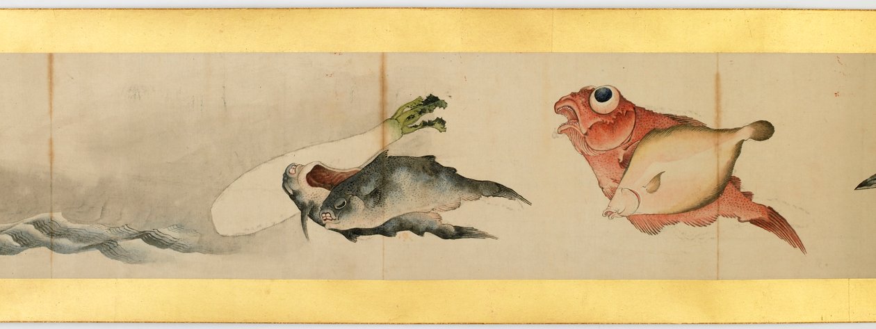 Detalj av Handscroll med diverse bilder, Edo Period, 1839 blekk og farger på papir av Katsushika Hokusai