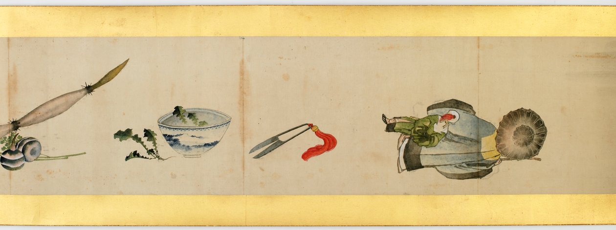 Detalj av Handscroll med diverse bilder, Edo Period, 1839 blekk og farger på papir av Katsushika Hokusai