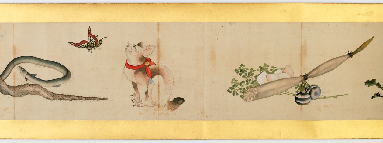 Detalj av Handscroll med diverse bilder, Edo Period, 1839 blekk og farger på papir av Katsushika Hokusai