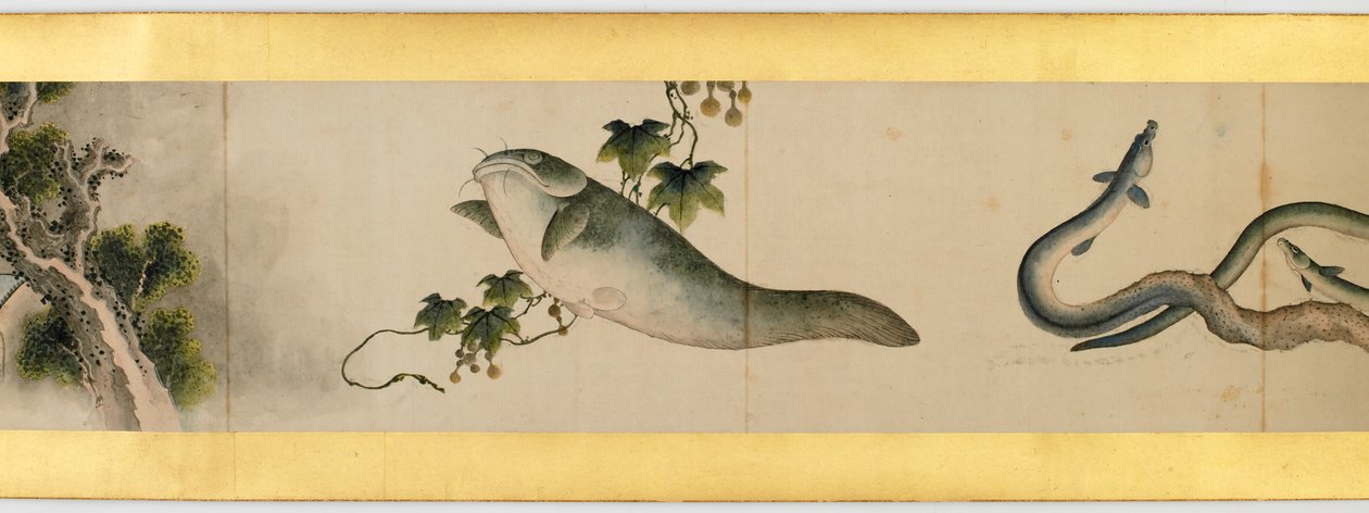 Detalj av Handscroll med diverse bilder, Edo Period, 1839 blekk og farger på papir av Katsushika Hokusai