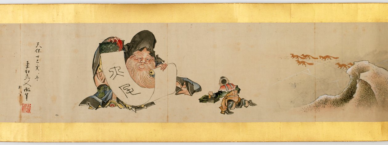 Detalj av Handscroll med diverse bilder, Edo Period, 1839 blekk og farger på papir av Katsushika Hokusai