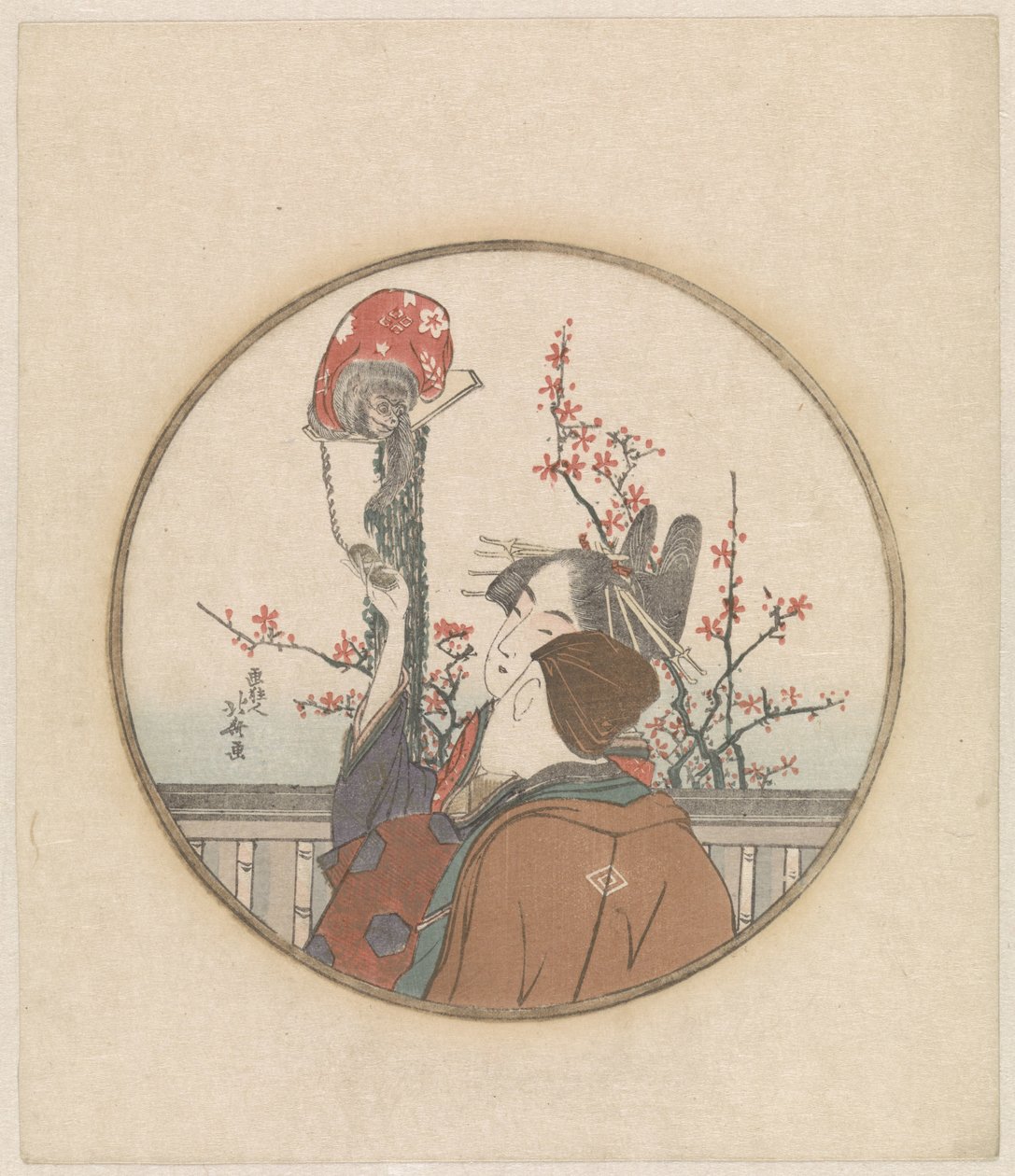 Par med ape og blomstergren av Katsushika Hokusai