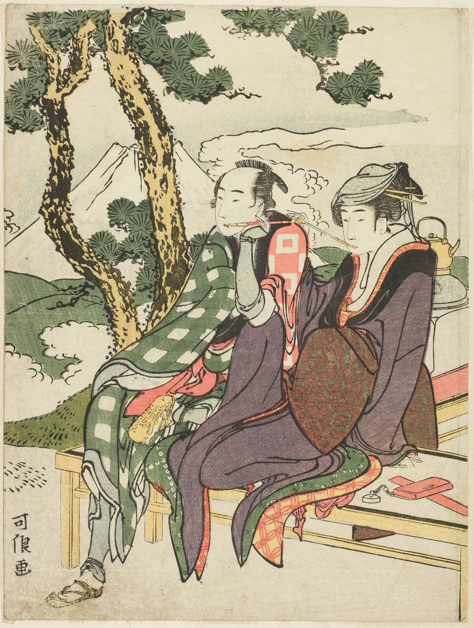 Evening Glow for Date no Yosaku og Seki no Koman, fra serien uten tittel kjent som "Eight Views of Tragic Lovers (Michiyuki hakkei)" av Katsushika Hokusai