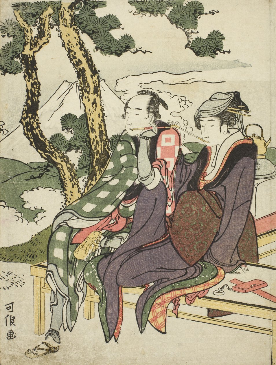 Evening Glow for Date no Yosaku og Seki no Koman, fra serien uten tittel kjent som Eight Views of Tragic Lovers av Katsushika Hokusai