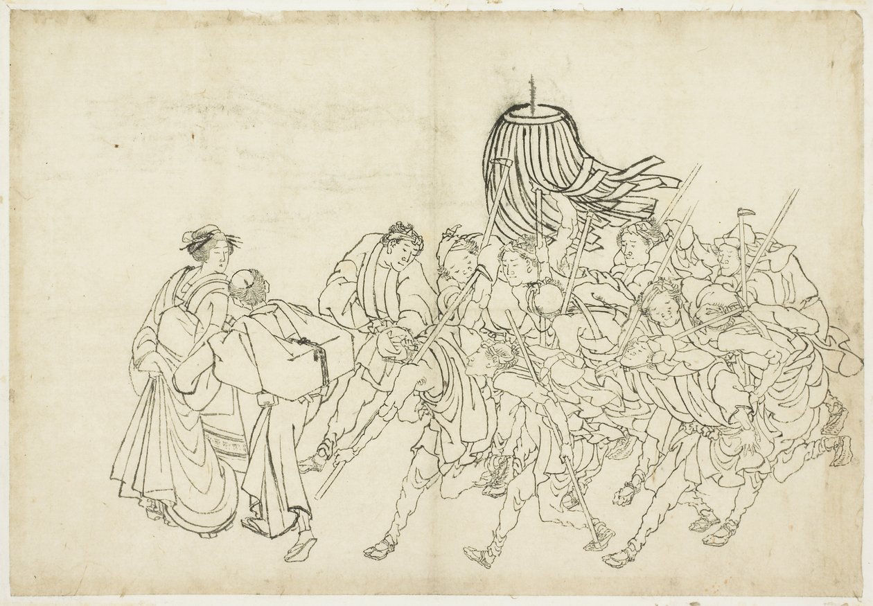 Brannmenn marsjerer til festivalen deres, 1615-1868 (blekk på papir) av Katsushika Hokusai