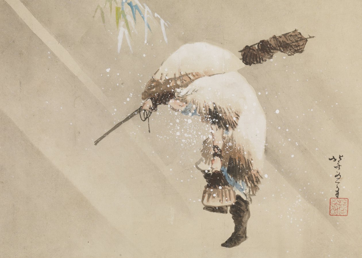 Fisker som bærer garnet sitt i snøen, ca. 1821 (blekk, farge og gofun på papir) av Katsushika Hokusai
