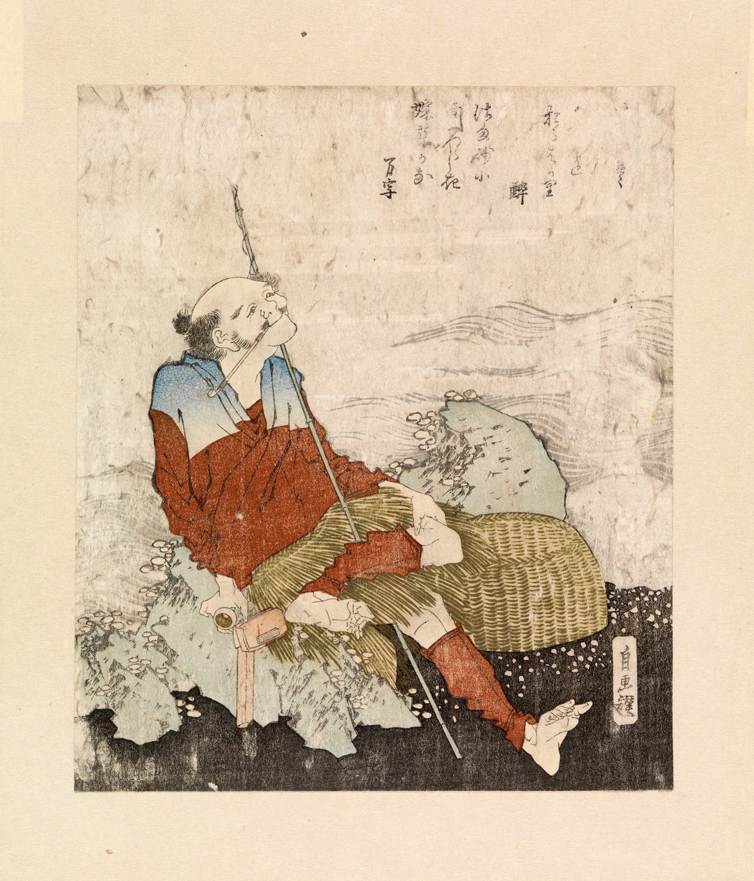 Fisker som røyker ved en bekk, ca. 1835 (fargetresnitt) av Katsushika Hokusai