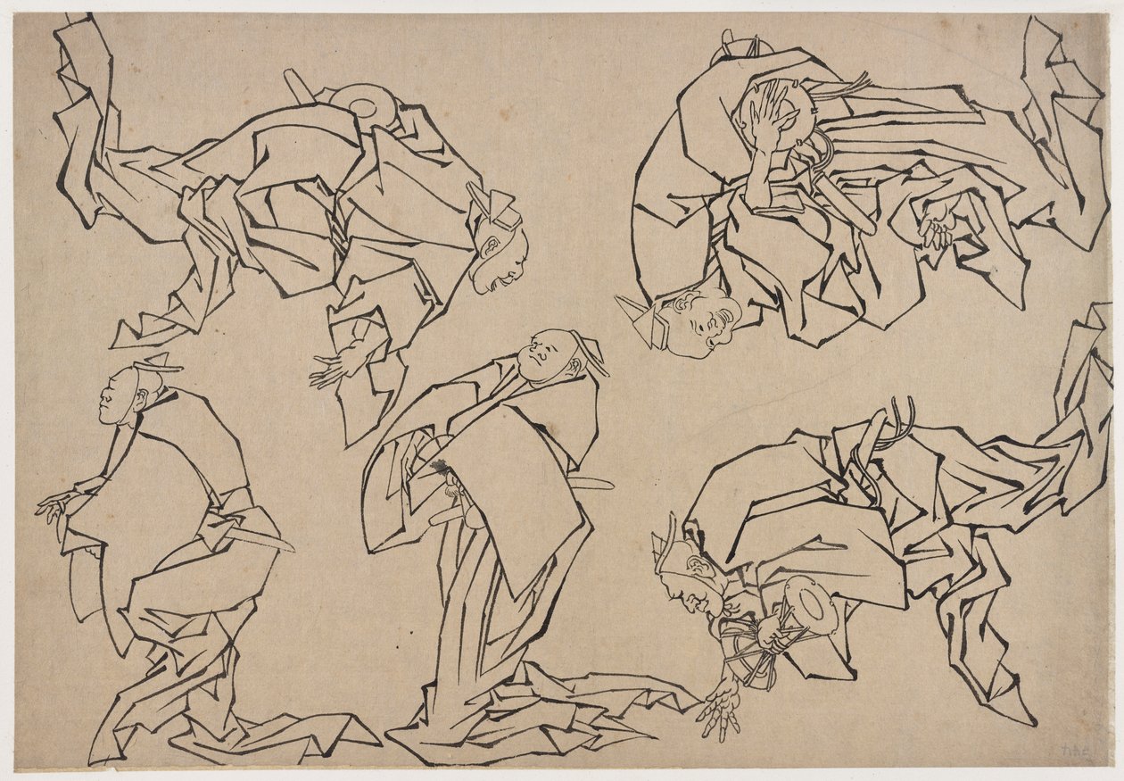 Fem musikere som spiller trommer, sent på 1700-tallet - begynnelsen av 1800-tallet. av Katsushika Hokusai