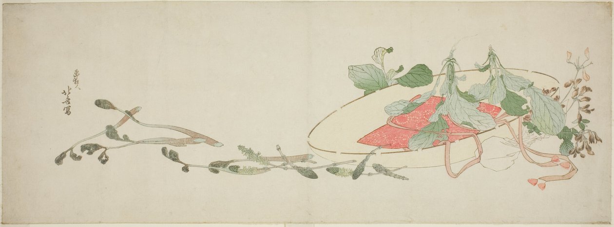 Blomster og vårgrønt i hatt av Katsushika Hokusai