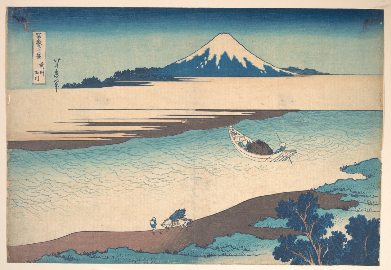 Fuji – Tama-elven, Musashi-provinsen, fra serien «De tretti-seks utsiktene over Fuji-fjellet» (Fugaku sanjūrokkei) av Katsushika Hokusai