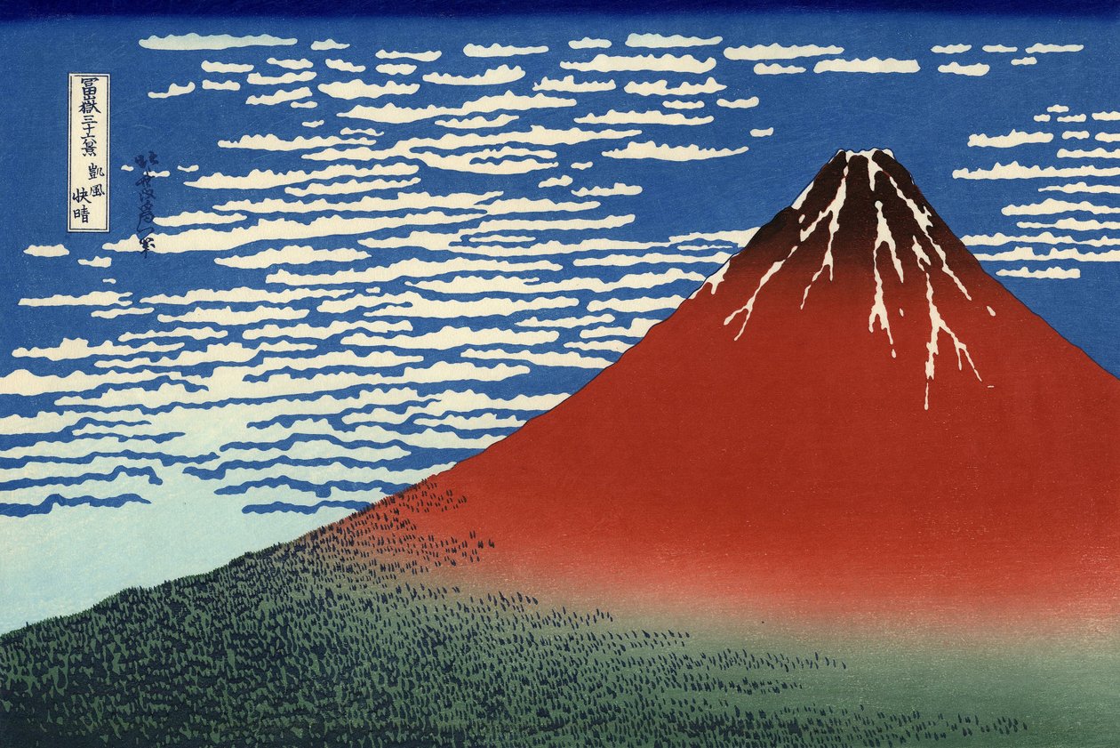 Fuji, Fjell i klart vær, fra "36 Views of Mount Fuji", pub. 1831 av Katsushika Hokusai