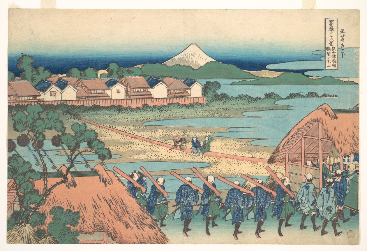 Fuji sett i det fjerne fra Senju-forlystelsesområdet (Senju kagai yori chōbō no Fuji), fra serien «De tretti-seks utsiktene over Fuji» (Fugaku sanjūrokkei) av Katsushika Hokusai