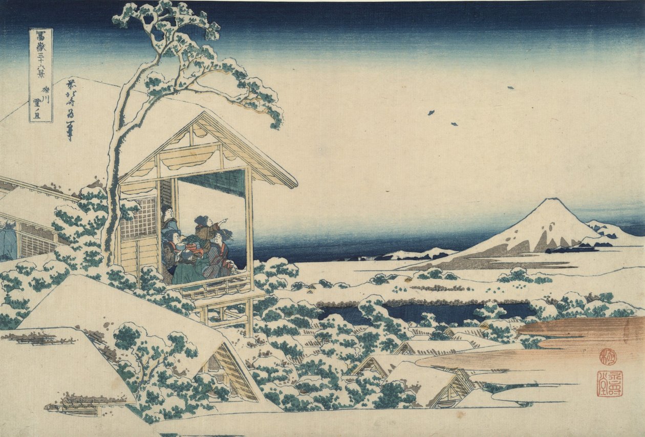 Fuji sett fra Koishikawa en snødekt morgen, fra serien «De tretti-seks utsiktene over Fuji» av Katsushika Hokusai