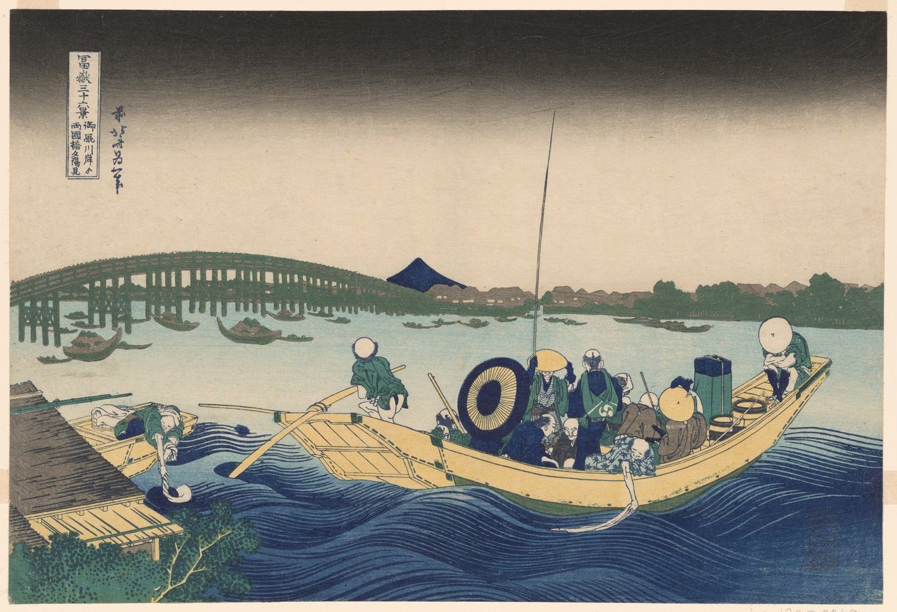 Fuji fra Ommayagashi med Twilight over Ryogoku Bridge (Ommayagashi yori ryogokubashi sekiyo o miru), fra serien "Thirty-six Views of Mount Fuji (Fugaku sanjurokkei)" av Katsushika Hokusai