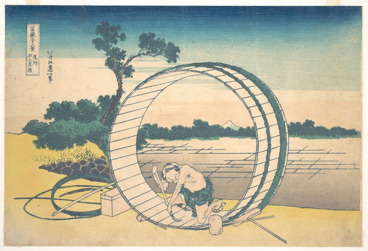 Fujimigahara i Owari-provinsen (Bishū Fujimigahara), fra serien «De tretti-seks utsiktene over Fuji-fjellet» (Fugaku sanjūrokkei) av Katsushika Hokusai
