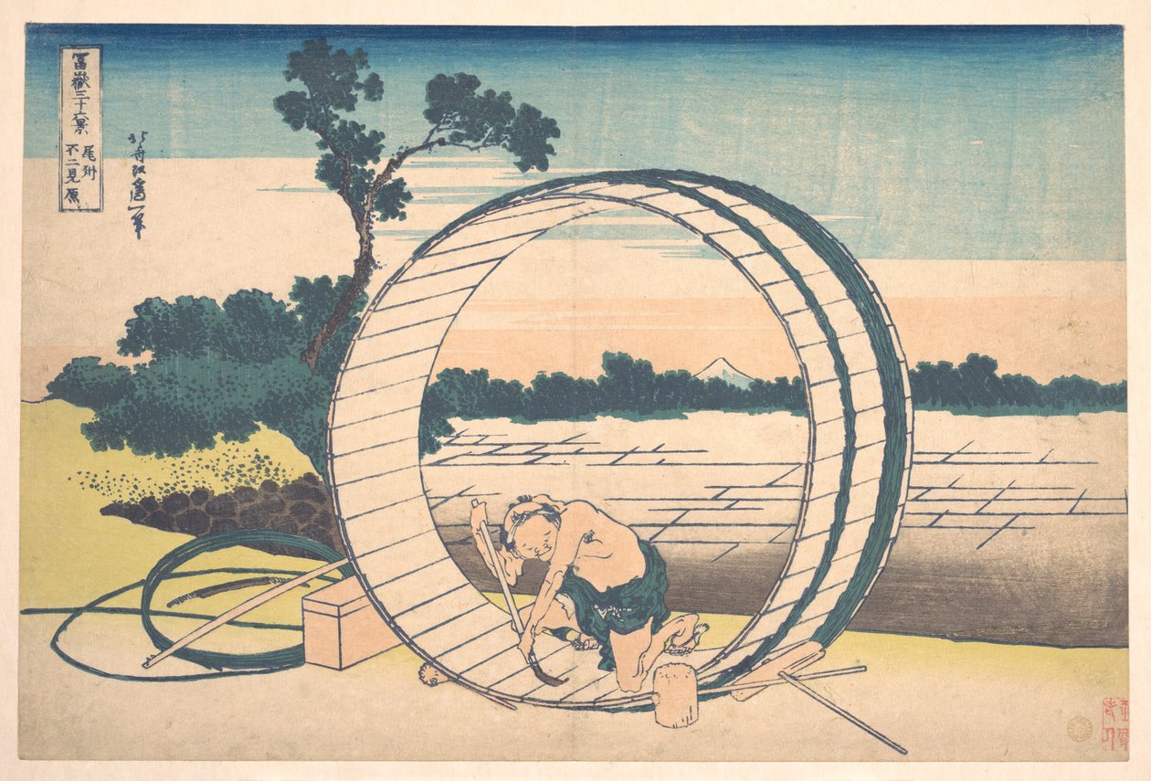 Fujimigahara i Owari-provinsen (Bishū Fujimigahara), fra serien «De tretti-seks utsiktene over Fuji-fjellet» (Fugaku sanjūrokkei) av Katsushika Hokusai