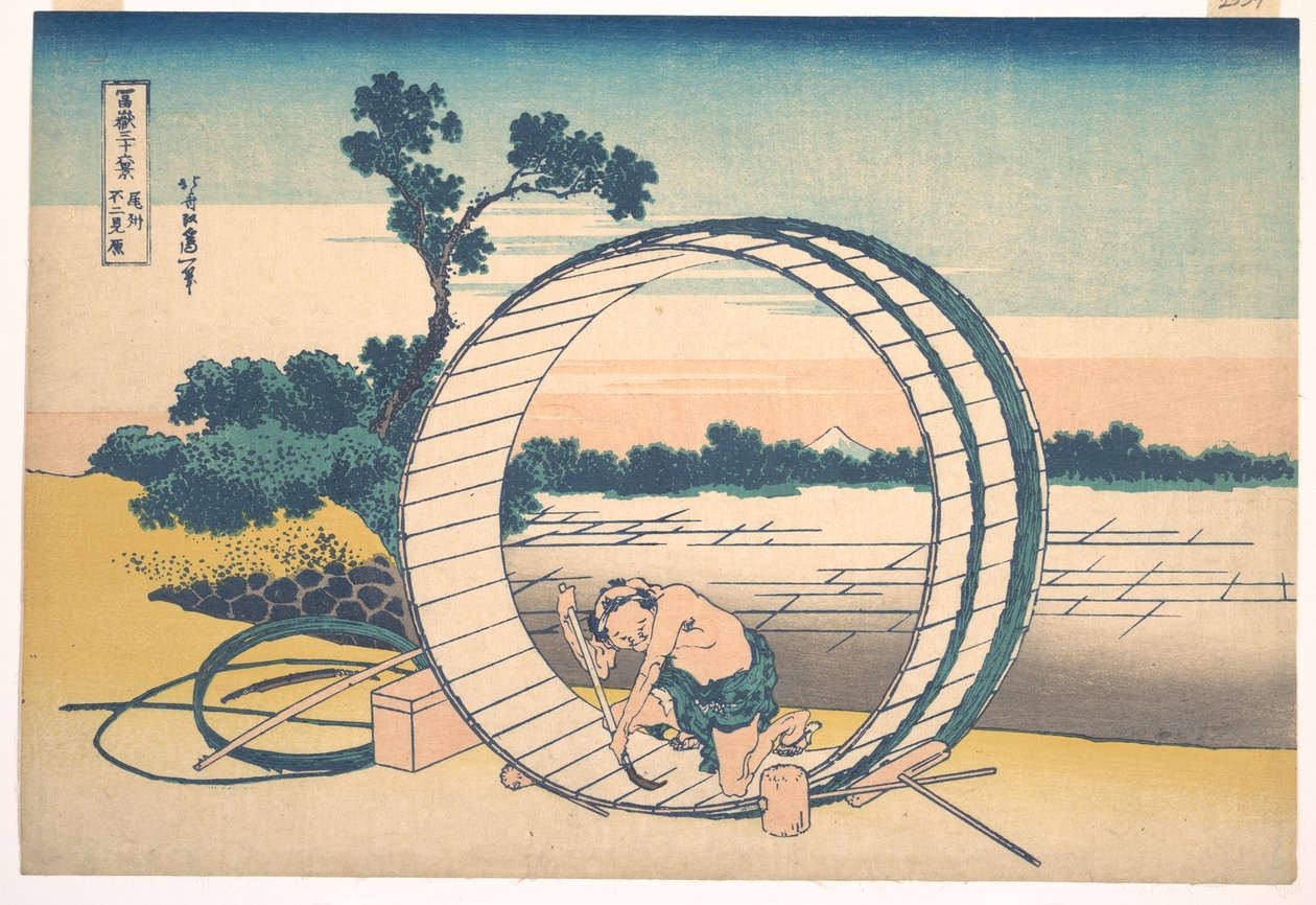 Fujimigahara i Owari-provinsen (Bishū Fujimigahara), fra serien «De tretti-seks utsiktene over Fuji-fjellet» (Fugaku sanjūrokkei) av Katsushika Hokusai