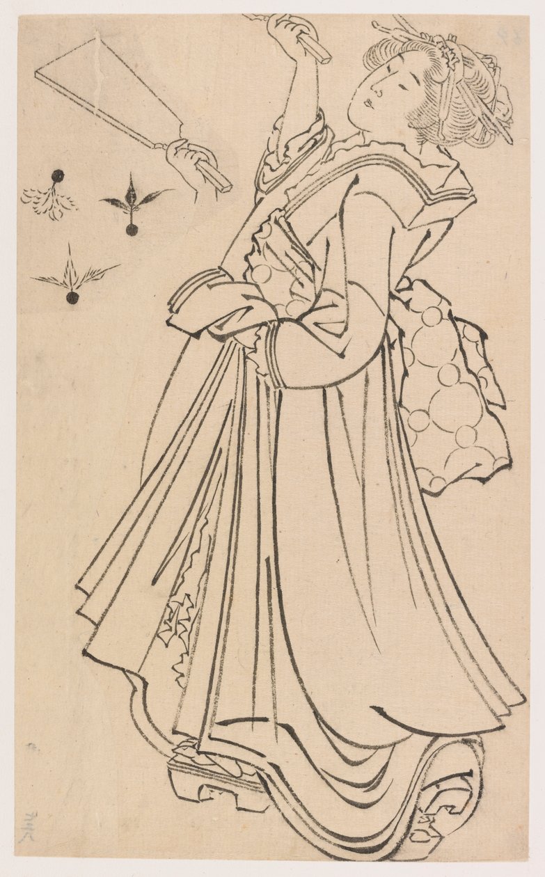 Jente som leker med en stridsmann og fjerbolle, sent på 1700- og tidlig på 1800-tallet. av Katsushika Hokusai