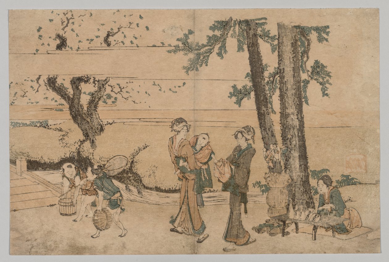 Gruppe av figurer nær en bekk av Katsushika Hokusai