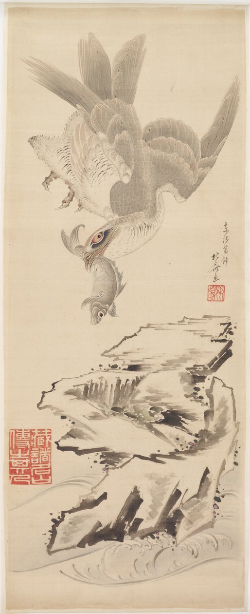 Hauk og fisk, slutten av 1700-begynnelsen av 1800-tallet. av Katsushika Hokusai