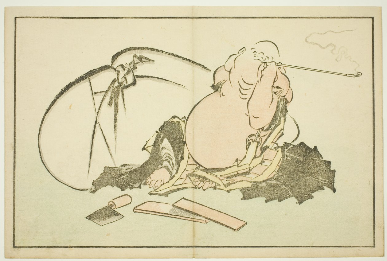 Hotei Smoking his Pipe, fra The Picture Book of Realistic Paintings of Hokusai (Hokusai shashin gafu) av Katsushika Hokusai