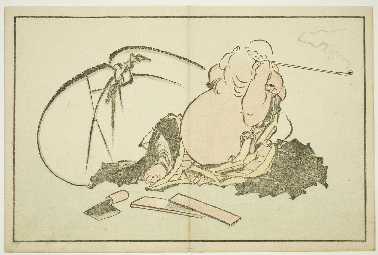 Hotei Smoking his Pipe, fra The Picture Book of Realistic Paintings of Hokusai (Hokusai shashin gafu), ca. 1814 (treblokktrykk i farger (albumark)) av Katsushika Hokusai