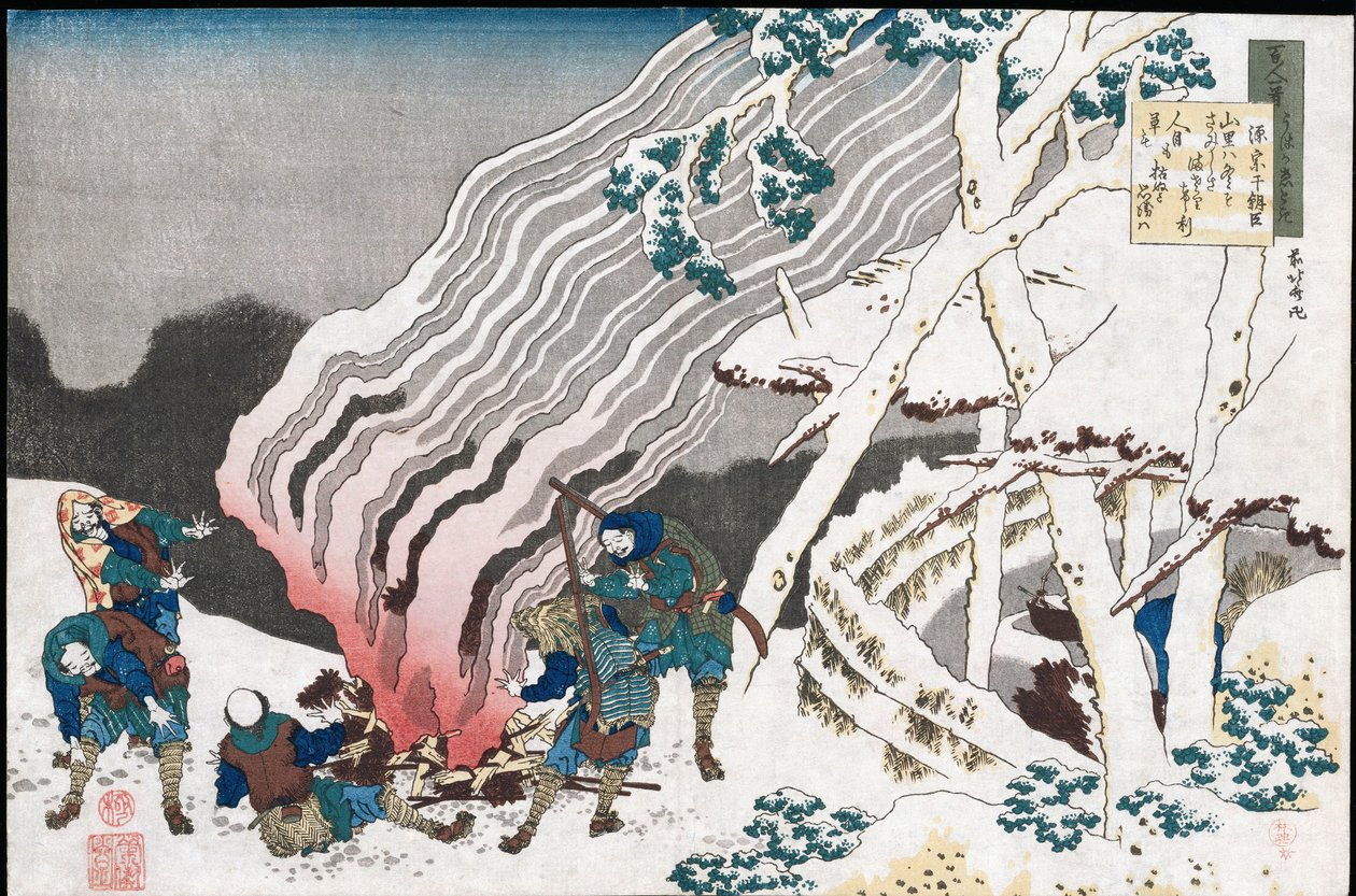 Hunters by a Fire in the Snow", fra serien "One Hundred Poems as told by the Nurse", utgitt ca. 1835 av Katsushika Hokusai