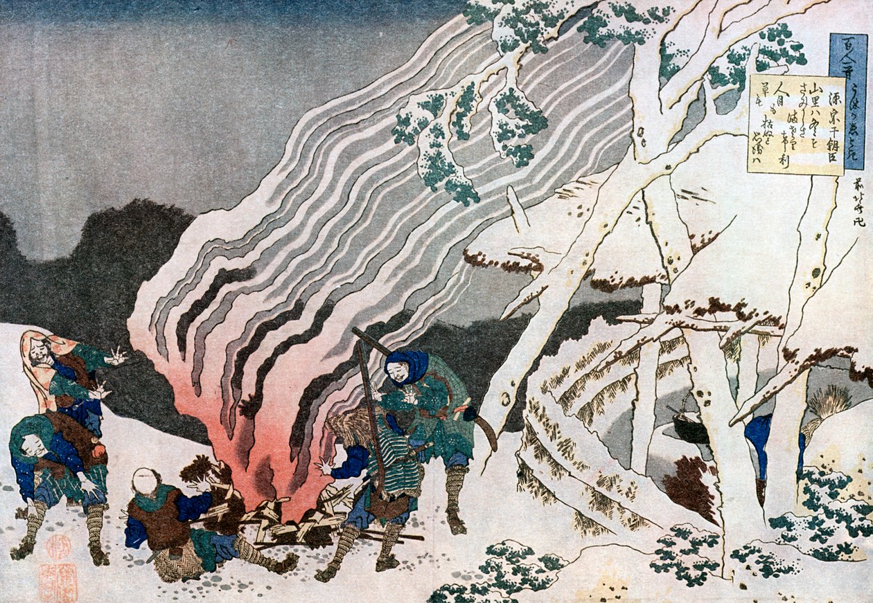 Jegere ved en brann i snøen, c1835. av Katsushika Hokusai