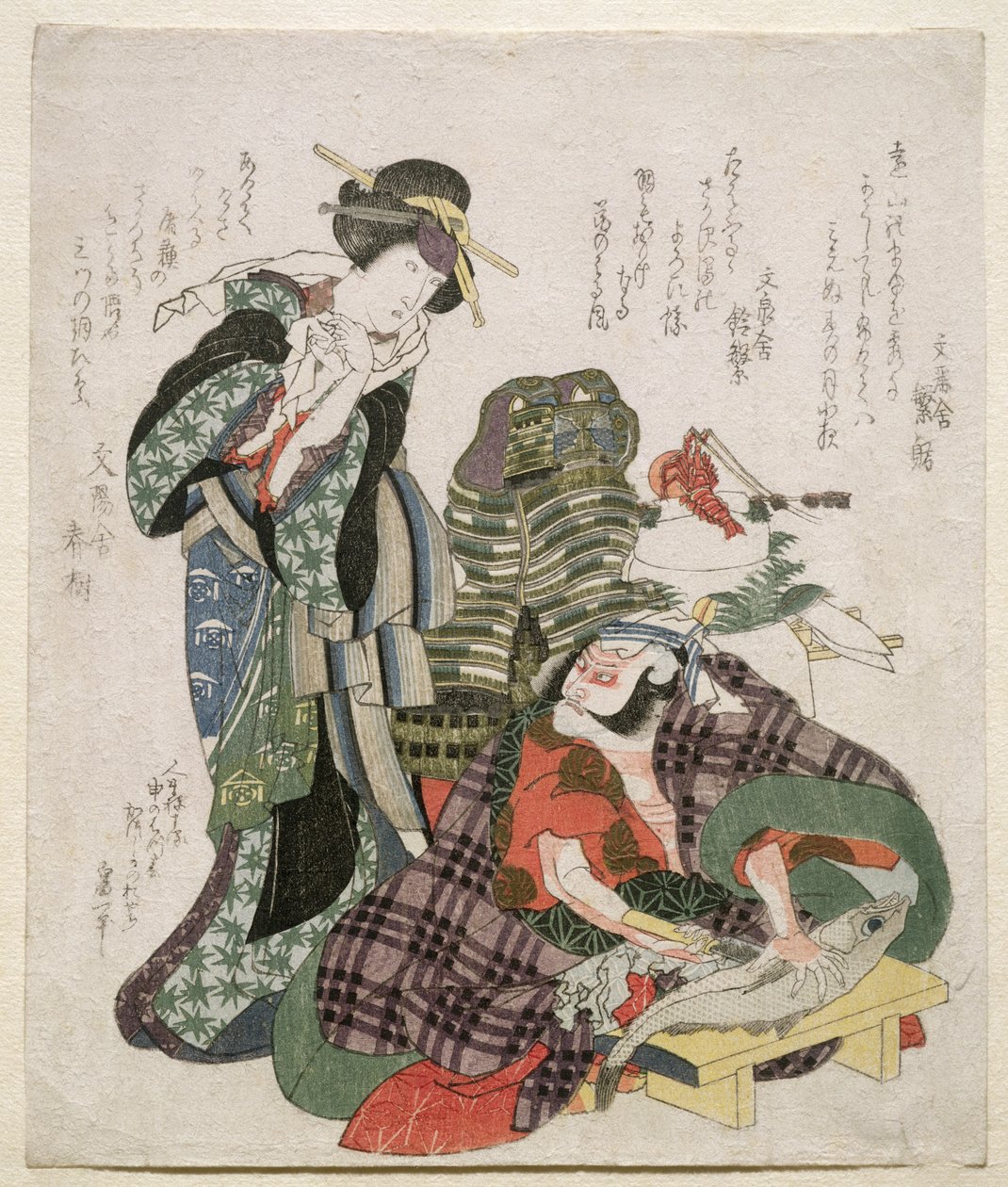 Ichikawa Danjuro og Ichikawa Monnosuke som Jagekiyo og Iwai Kumesaburo, 1824 (treblokkgravering) av Katsushika Hokusai